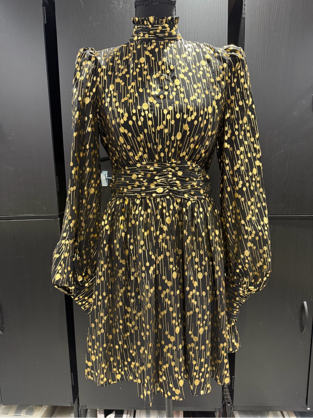 Aqua Black Dress with Gold Dot Pattern